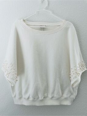 Anthropologie White Pearl-Accent Short Sleeve Sweatshirt